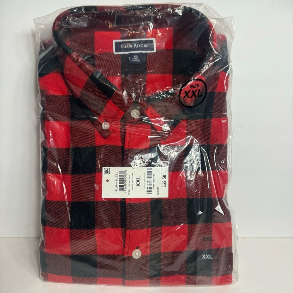 NWT. Club Room Shirt Men's XXL Red & Black Buffalo Plaid Flannel Long Sleeve